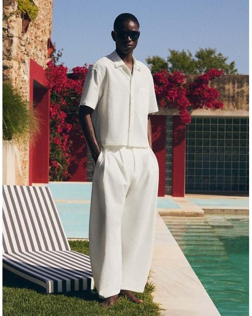 Bershka White Pleated Short Sleeve Boxy Shirt for men