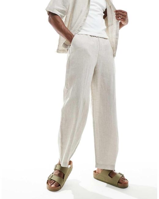 Pull&Bear White 100% Linen Wide Leg Pants for men