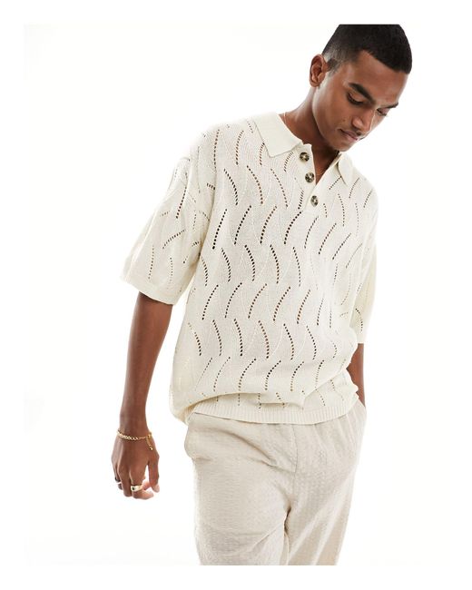 ASOS White Oversized Knitted Pointelle Polo for men