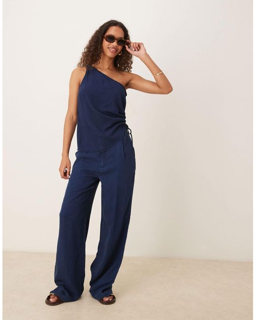 Mango Blue One Shoulder Soft Denim Top With Cinched Waist Co-ord