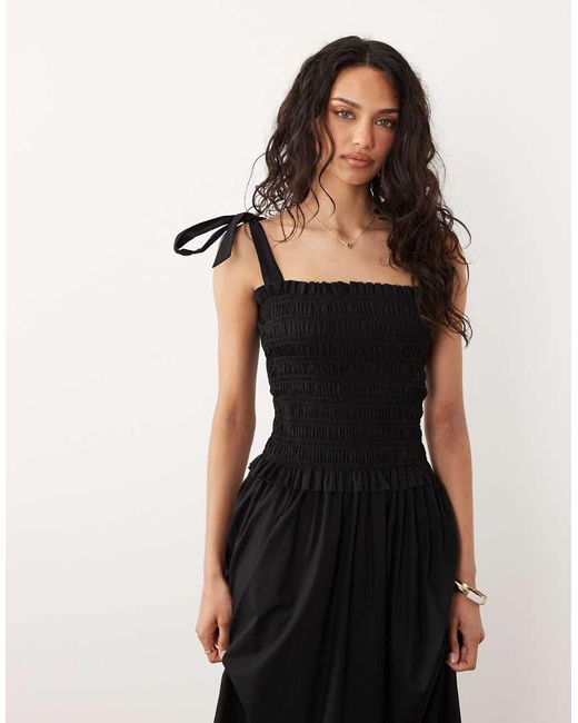 New Look Black Shirred Tie Strap Midi Dress