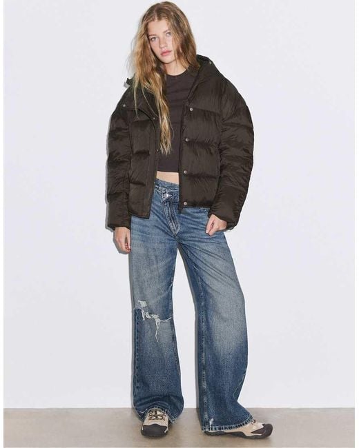 Stradivarius Blue Hooded Puffer Jacket