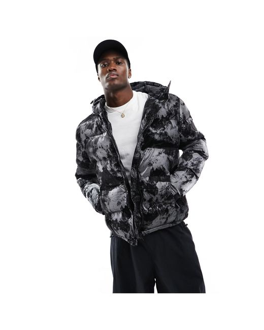 Criminal Damage Black Puffer Jacket With All Over Graphic Print for men
