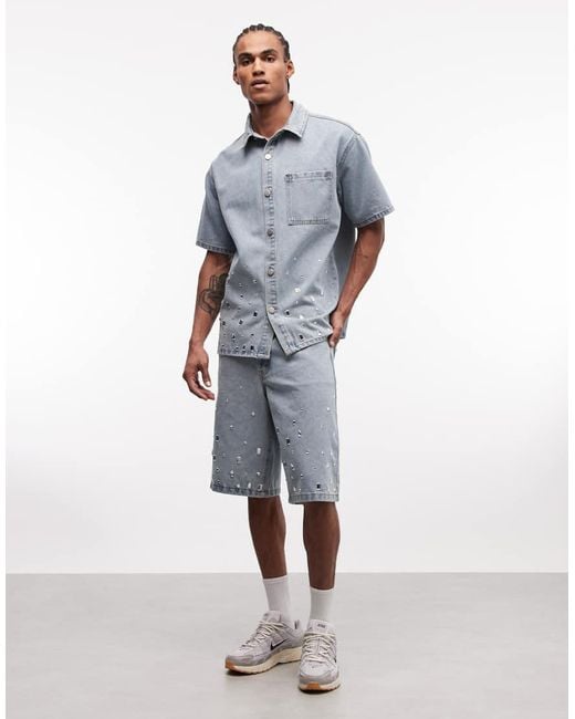Liquor N Poker Blue Rhinestone Embellished Denim Shirt for men