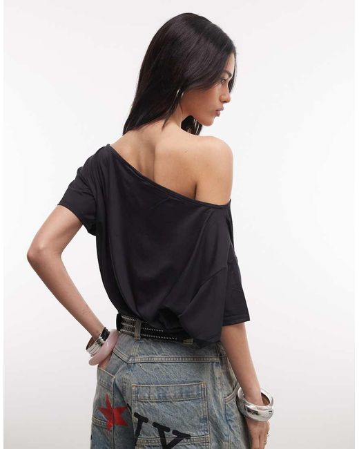 ASOS Blue Slinky Asymmetric One Shoulder Short Sleeve Top With Cinched Waist Detail
