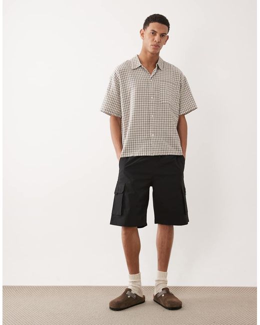 Jack & Jones Gray Linen Blend Cropped Short Sleeve Plaid Shirt for men