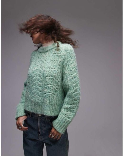 TOPSHOP Green Knitted Stitchy Crew Relaxed Jumper