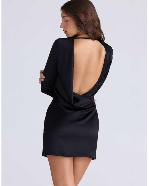 House Of Cb Black Mariska Satin Long Sleeve Draped Mini Dress
