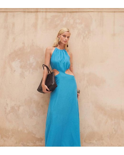 Kaiia Blue Exclusive Cotton Blend Halterneck Cut Out Detail Maxi Dress