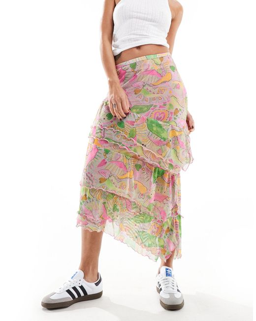 Monki White Layered Ruffle Midi Skirt