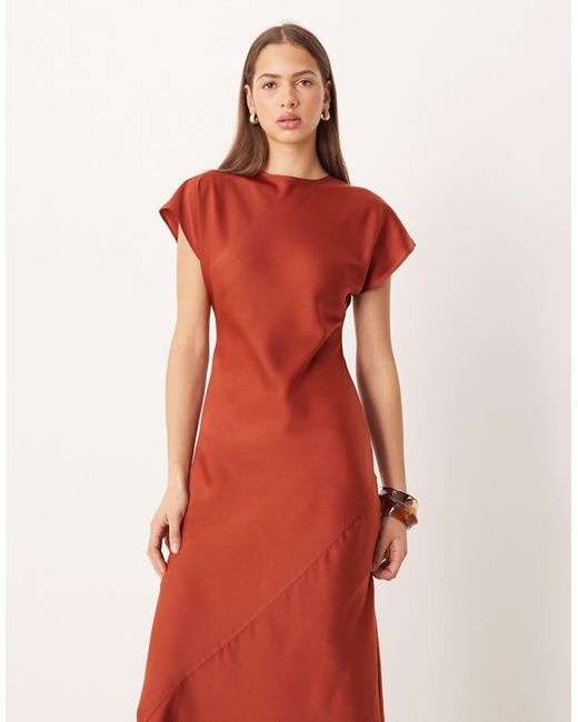 Robe nuisette longue en satin à mancherons et coutures apparentes - rouille ASOS en coloris Brown