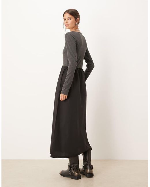 Threadbare Multicolor Long Sleeve Square Neck Midi Dress With Contrast Black Poplin Skirt