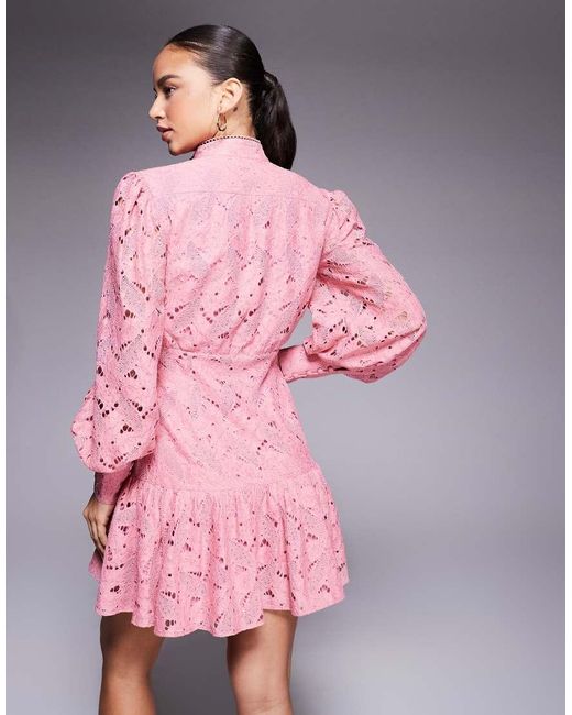 Bardot Pink Lace High Neck Blouson Button-detail Peplum Hem Mini Dress