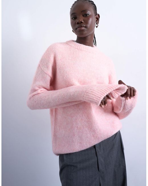 TOPSHOP Women's Pink Knitted Boxy Fluffy Crew Sweater