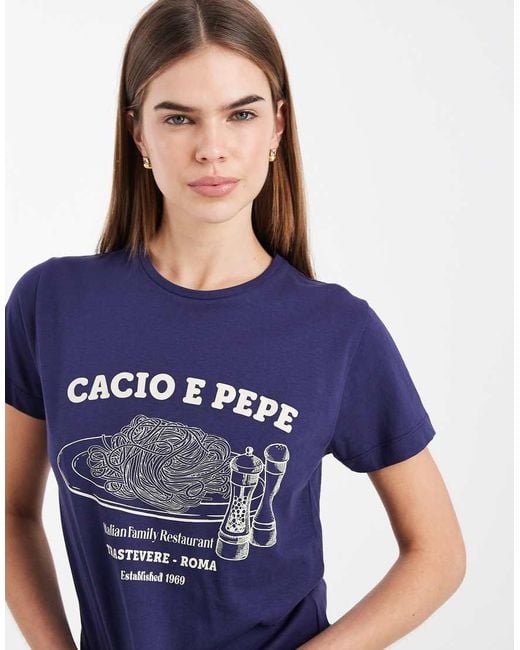 Brave Soul Blue Cotton 'cacio E Pepe' Graphic Print T-shirt And Check Pants Pyjama Set