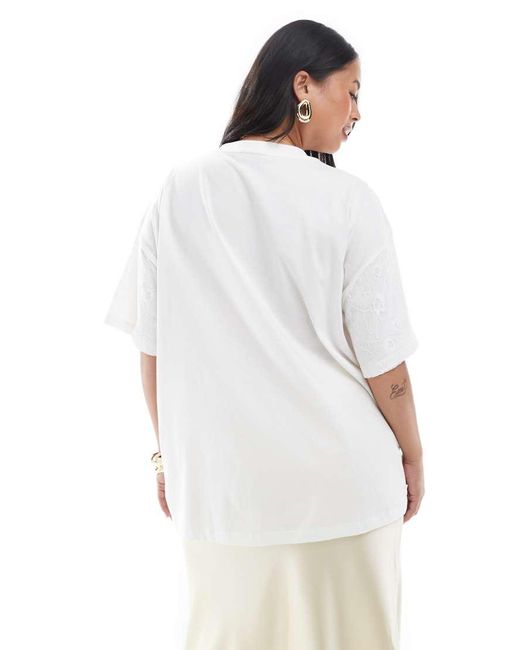 ASOS White Asos Design Curve Oversized T-shirt With Band Graphic With Lace Overlay