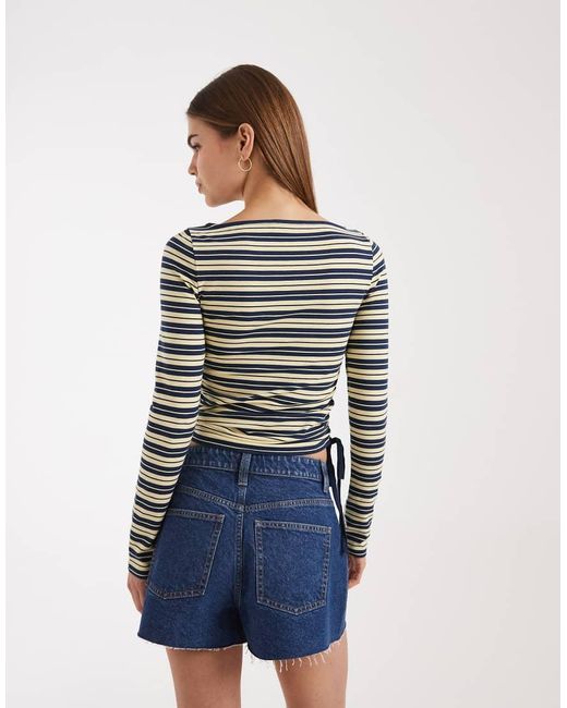 ASOS Blue Ruched Detail Tie Side Boat Neck Long Sleeve Top