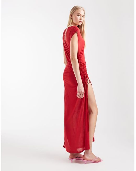 Weekday Red Sheer Maxi Dress With Gathe Seams And Side Slits