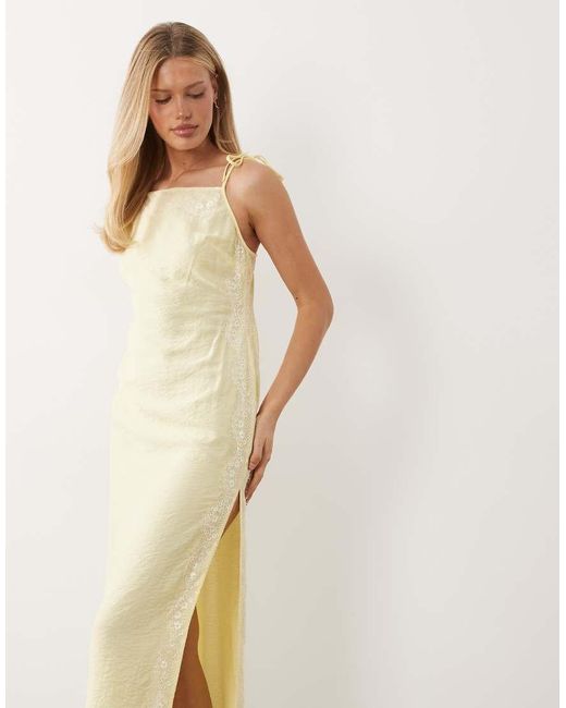 ASOS Natural Cami Square Neck Crinkle Satin Lace Detail Maxi Dress