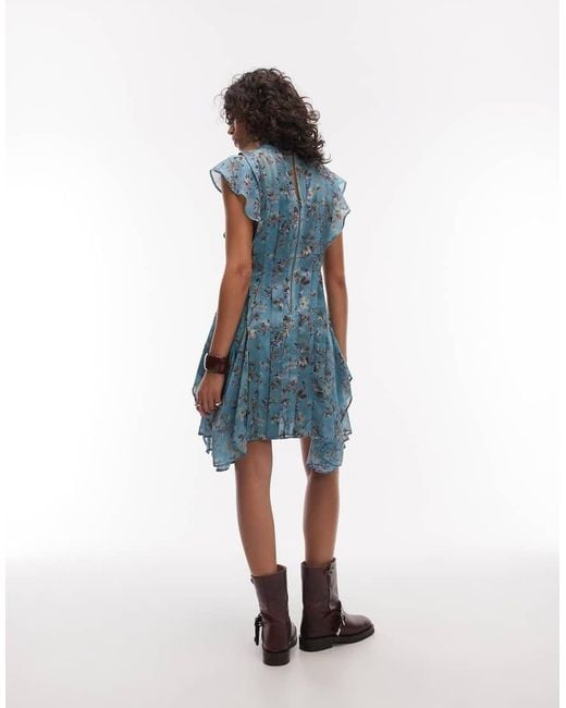 AllSaints Blue Fleur Floral Ruffle Mini Dress