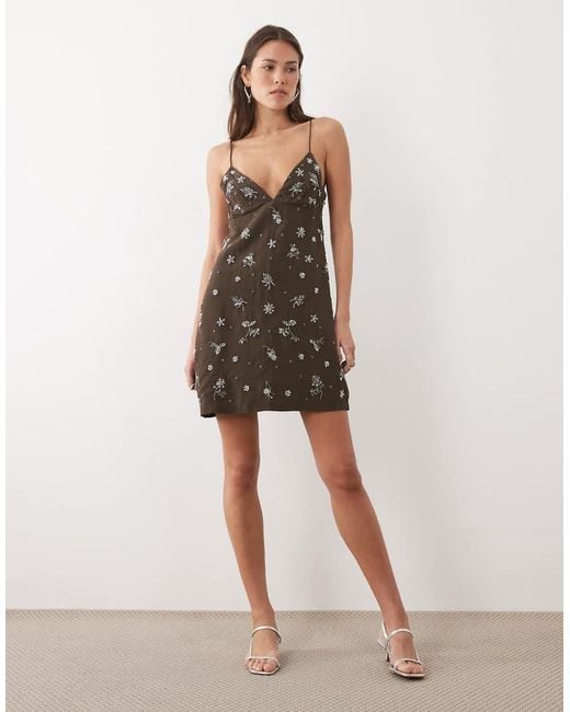 Mango Natural Beaded Strappy Mini Dress