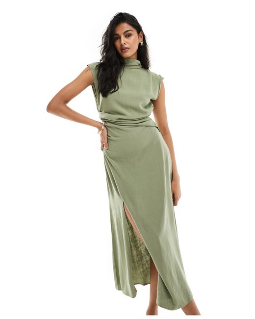ASOS Green Linen High Neck Grown On Sleeve Midi Dress With Open Back And Button Neck Detail