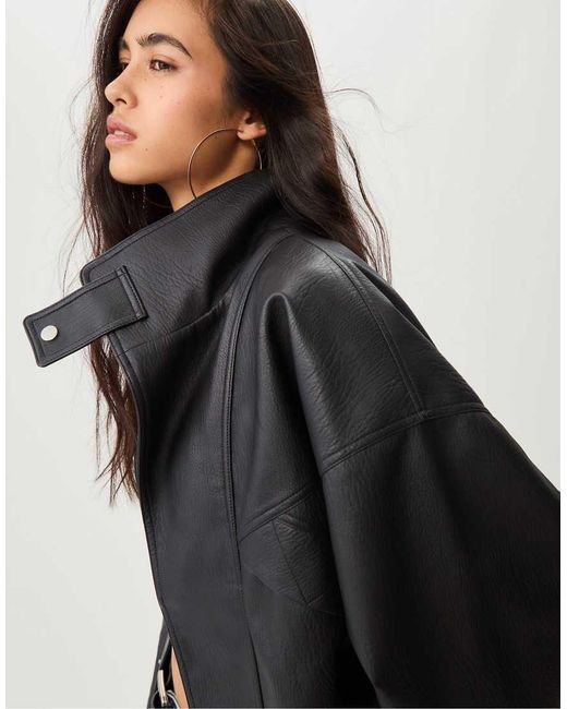 Stradivarius Black Oversize Faux Leather Jacket