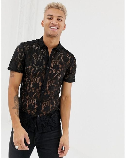 ASOS Black Skinny Fit Lace Shirt for men
