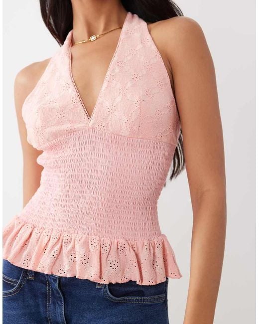 Gina Tricot Pink Halterneck Broderie Anglaise Top