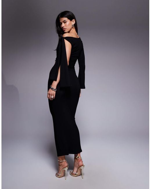 ASOS Blue One Long Angel Sleeve Midi Dress With Twisted Cut Out & Tied Shoulder