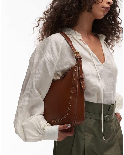 Mango Brown Gold Stud Detail Large Shoulder Bag