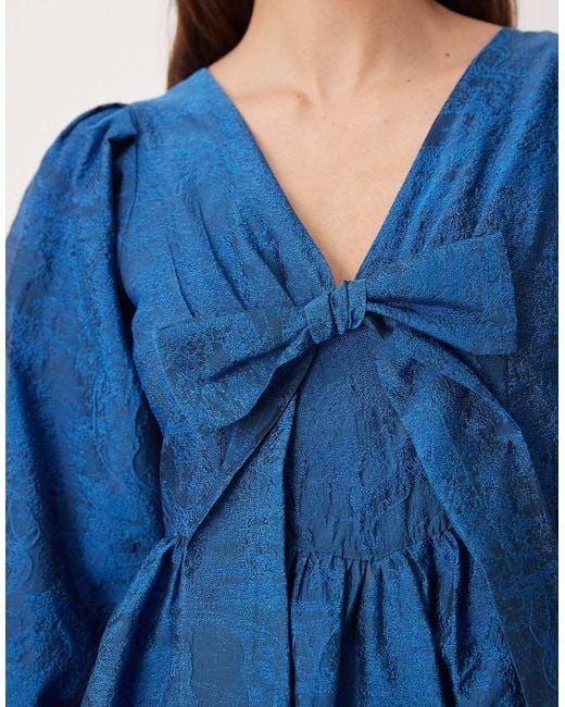 Sister Jane Blue Sunrise Exclusive Jacquard Balloon Sleeve V-neck Bow Detail Midi Dress