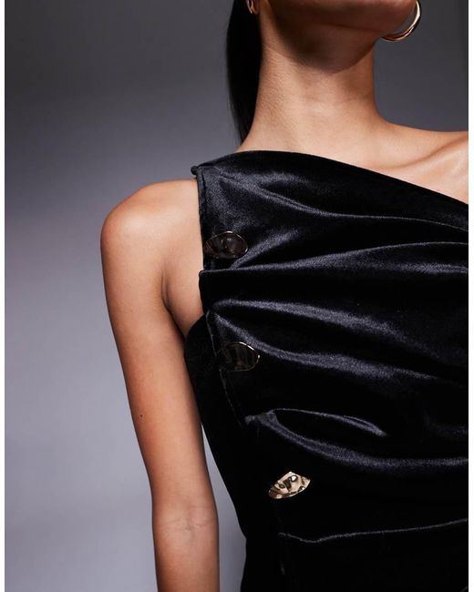 ASOS Blue Premium Velvet One Shoulder With Pleated Detail Maxi Dress With Gold Hardware