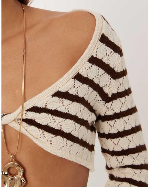 Miss Selfridge Brown Crochet Twist Detail Long Sleeve Top