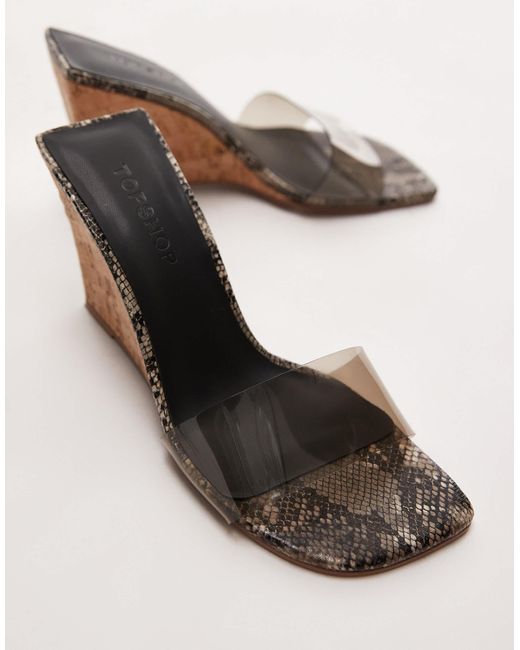 TOPSHOP Brown – farah – mules mit hohem keilabsatz, plexiglas-riemen und schlangenmuster