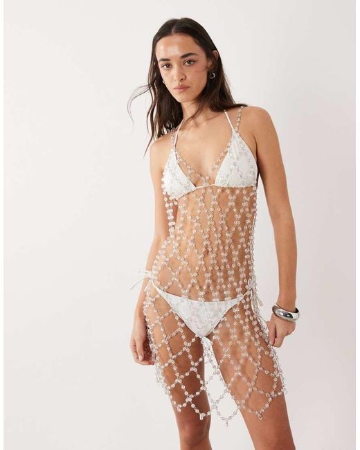 Miss Selfridge Natural Beach Premium Embellished Sheer Cowl Back Mini Dress