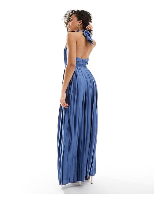 TFNC London Blue Bridesmaid Satin Pleated Halterneck Maxi Dress With Full Skirt