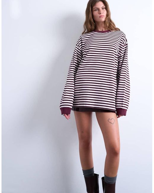 T-Shirt A Maniche Lunghe Extra Larga Stile Skater Bordeaux A Righe di TOPSHOP in Red