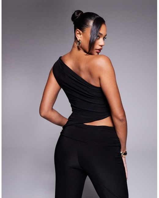 Missy Empire Black Double Sculpted Slinky One Shoulder Asymmetric Hem Buckle Top Co-Ord