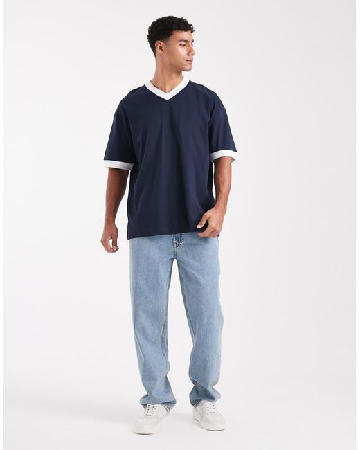 T-Shirt Oversize Con Scollo A V E Profili A Contrasto di ASOS in Blue da Uomo