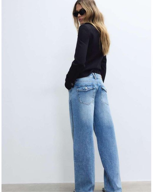 Stradivarius Blue Low-Rise Wide-Leg Jeans With Jewel Button