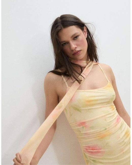 Stradivarius Metallic Printed Tulle Midi Dress With Scarf