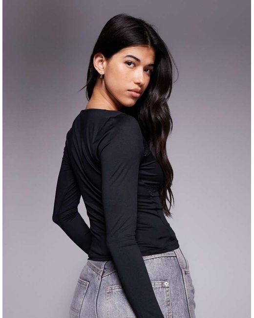 ASOS Blue Slinky Lace Trim Square Neck Ruched Front Long Sleeve Top