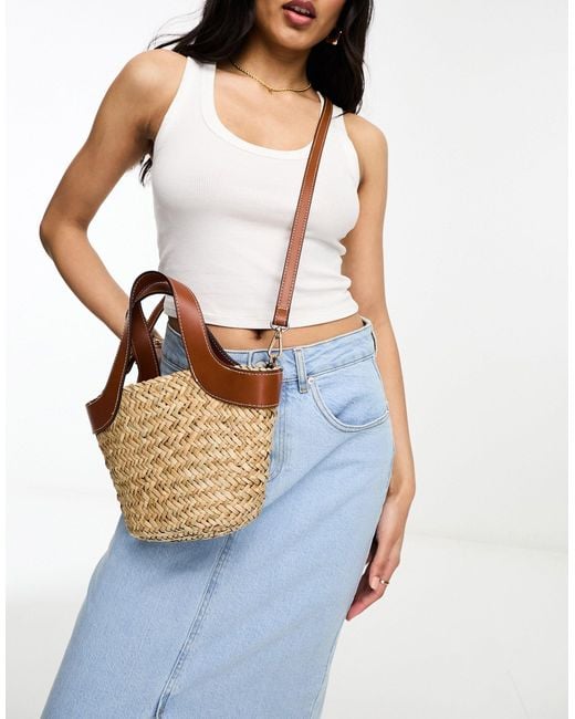 Mango Blue Straw Bag With Tan Faux Leather Straps
