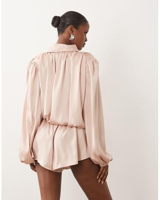 Noughts & Kisses Natural Satin High Neck Extreme Drape Balloon Sleeve Playsuit