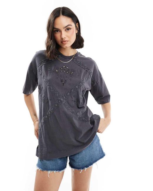 Miss Selfridge Blue Lace Embroidered Oversized T-Shirt