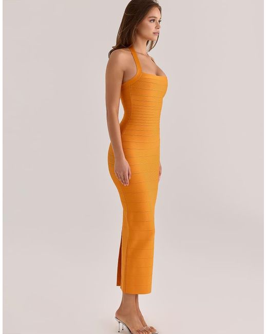 House Of Cb Orange The Silhouette Mango Halter Neck Bandage Maxi Dress