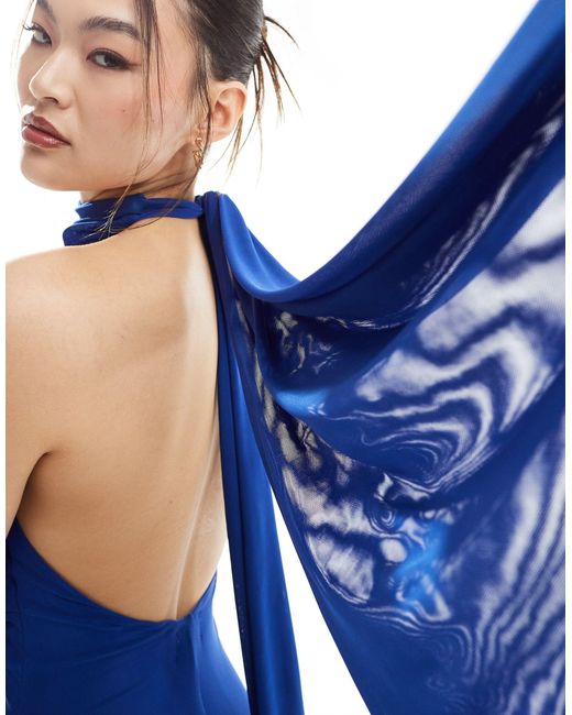 Robe longue dos nu avec corsage torsadé et liens derrière la nuque en tulle - cobalt ASOS en coloris Blue