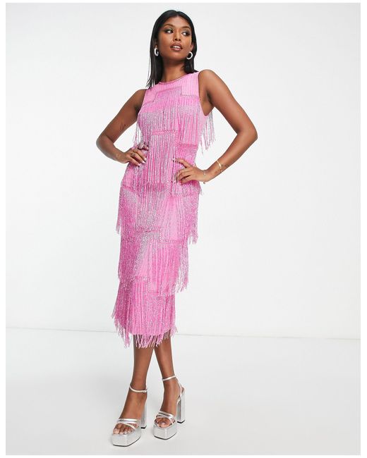 ASOS Pink All Over Embellished Sleeveless Midi Dress With Panelled Beaded Fringe
