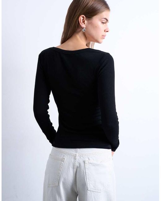 TOPSHOP Black Premium Rib Long Sleeve Wide Scoop Neck Top